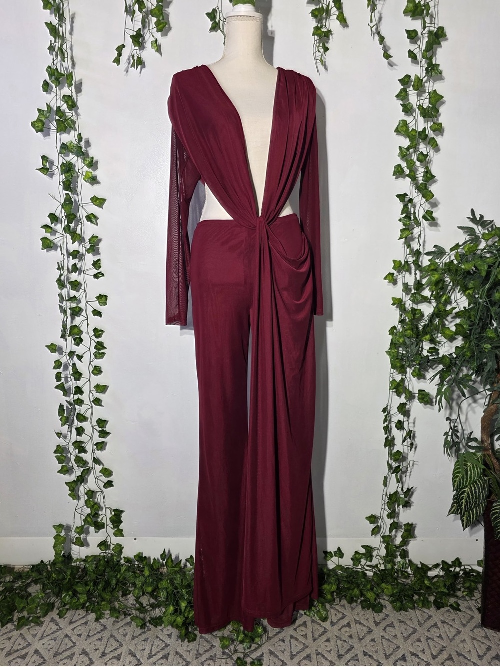Long-Sleeve Burgundy Evening Gown with Draped Knot Front